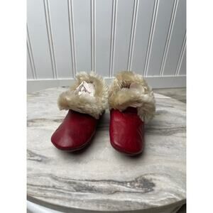 Vintage Red Leather Baby Booties Plush Fur Trim Santa Christmas Crib Shoes